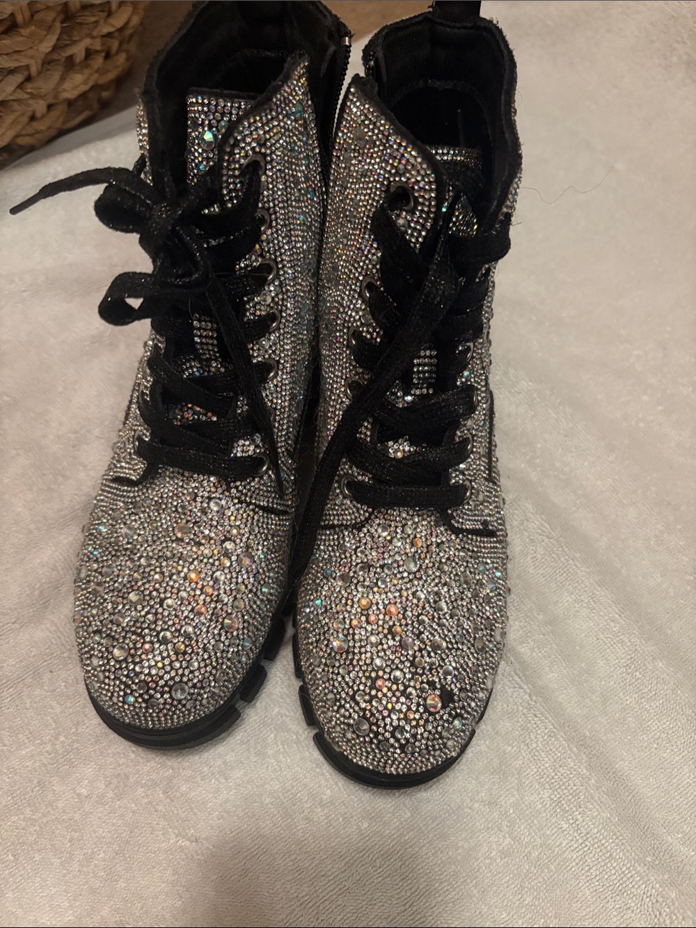 Sparkling Crystal Lace-Up Combat Boots in Silver with Black Laces